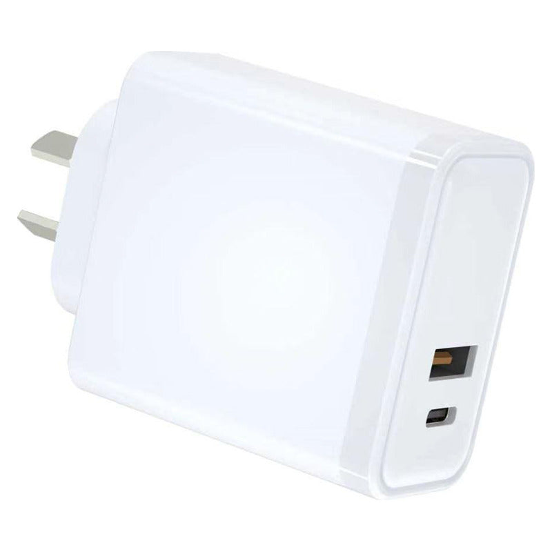 65W GaN dual port wall charger for laptops and phones, angled view showing the USB-A and USB-C ports and the NZ/AU plug