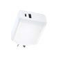 65W GaN dual port wall charger with one USB-C and one USB-A port and an NZ/AU plug, front view showing both charging ports