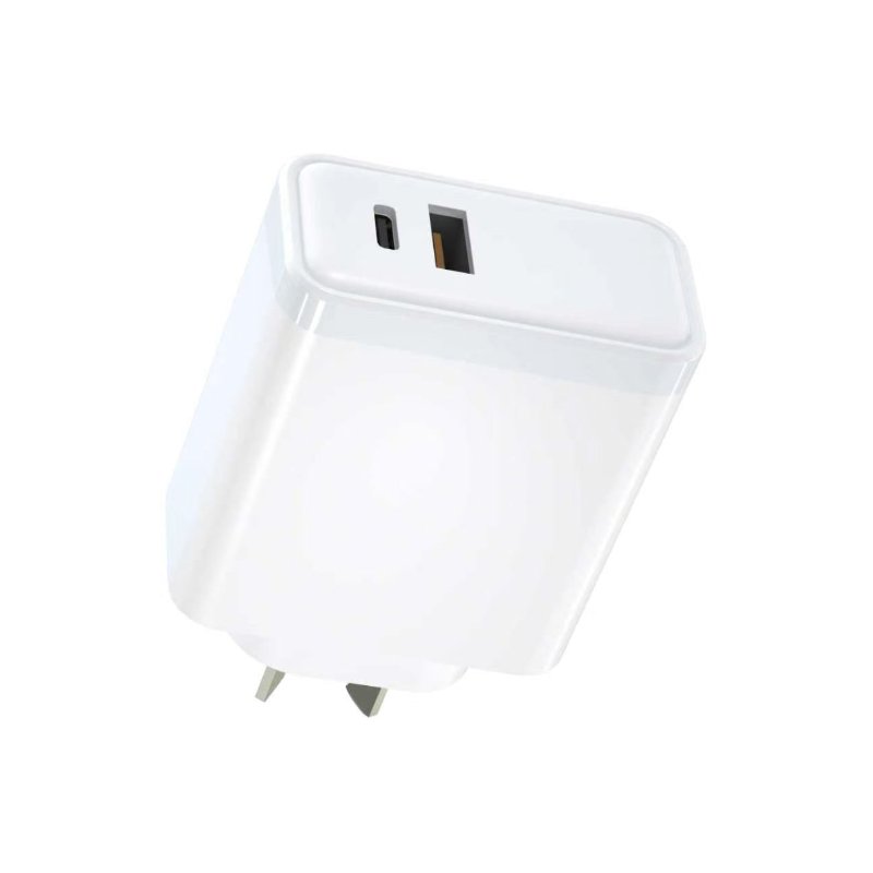 65W GaN dual port wall charger with one USB-C and one USB-A port and an NZ/AU plug, front view showing both charging ports