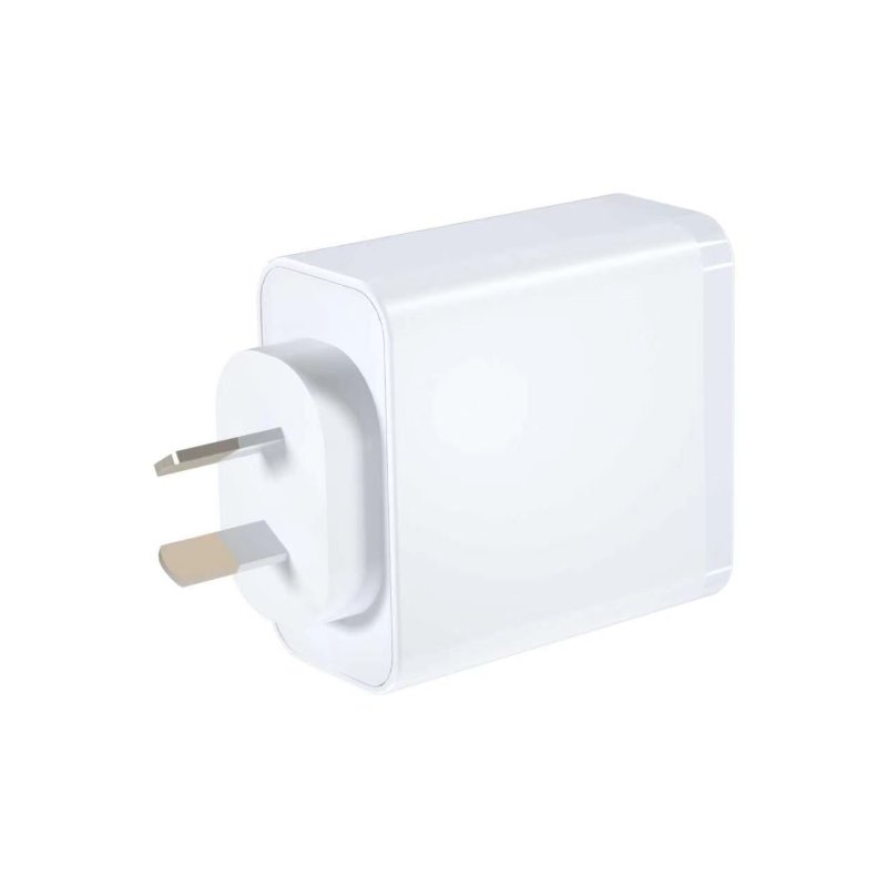 65W GaN dual port wall charger for laptops and phones, side view showing the NZ/AU plug pins and the compact white body