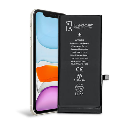 iGadget replacement battery for the iPhone 11 beside a white iPhone 11, its label marked Li-ion Polymer 3.83V, 11.91Whr, APN 616-00644-11 and 3110mAh with CE and AS/NZS3820:2009 marks