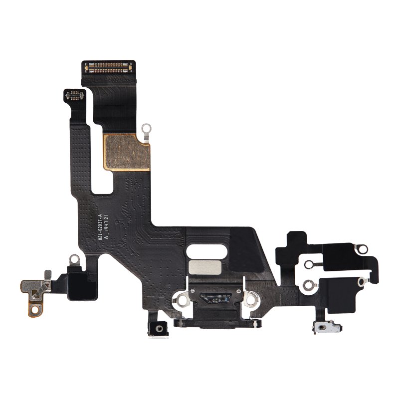 Back of the iPhone 11 charging port flex cable laid flat, showing the Lightning port from behind, the printed part number and the board connectors