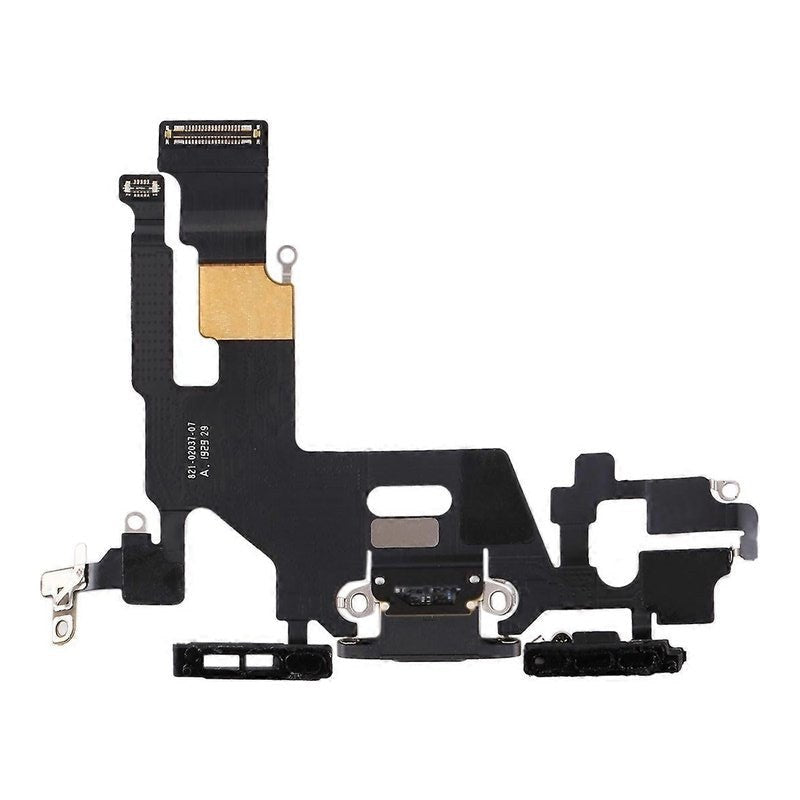 iPhone 11 charging port flex cable with a black Lightning port, front view of the port, microphone and flex