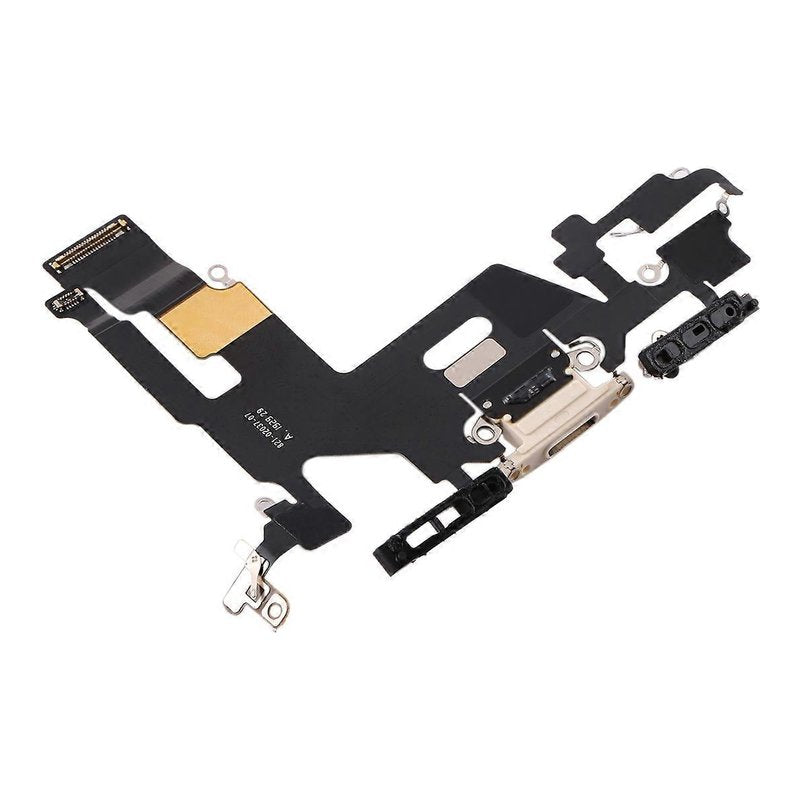 Angled view of the iPhone 11 charging port flex cable with a white Lightning port and its connectors