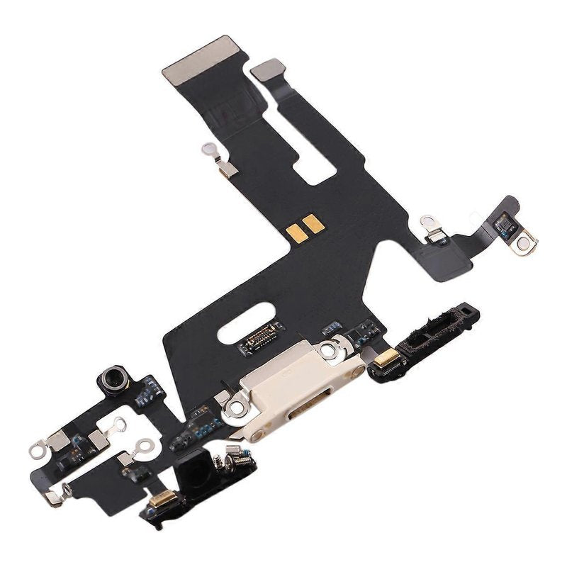 Angled view of the iPhone 11 charging port flex cable with a white Lightning port and its connectors