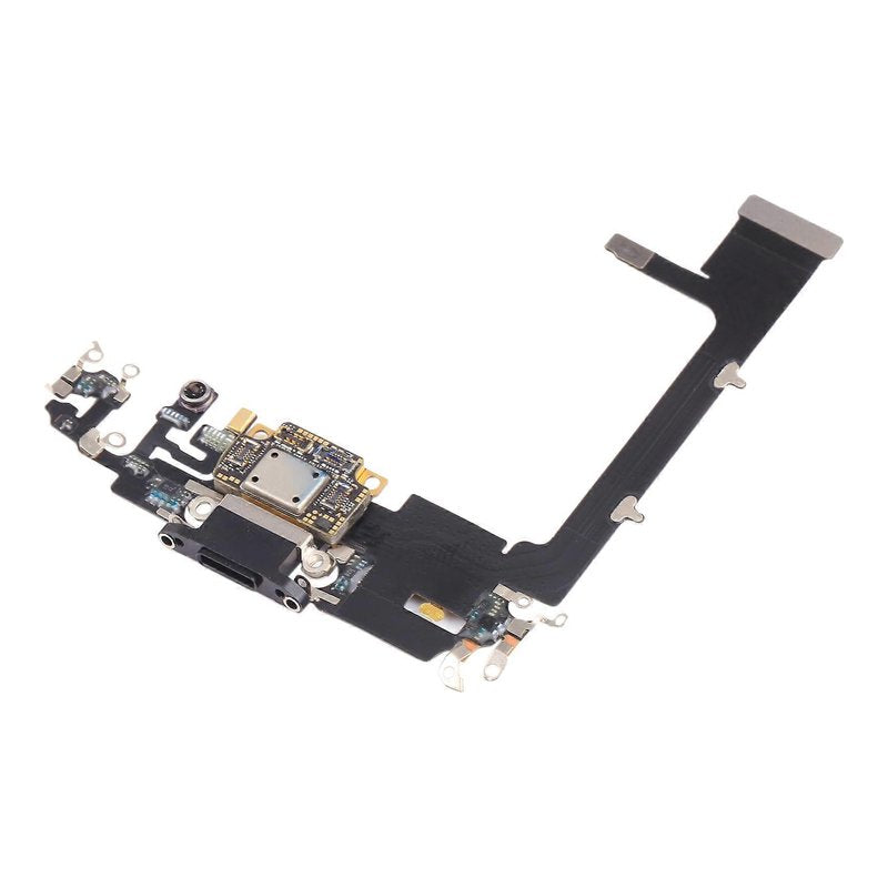 Angled view of the iPhone 11 Pro charging port flex cable with a black Lightning port and its connectors