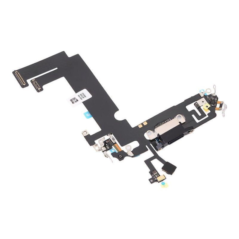Angled view of the iPhone 12 mini charging port flex cable with a black Lightning port and its connectors