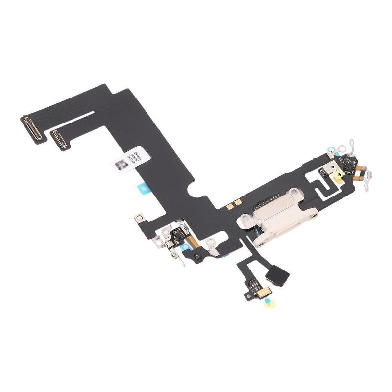 Angled view of the iPhone 12 mini charging port flex cable with a white Lightning port and its connectors