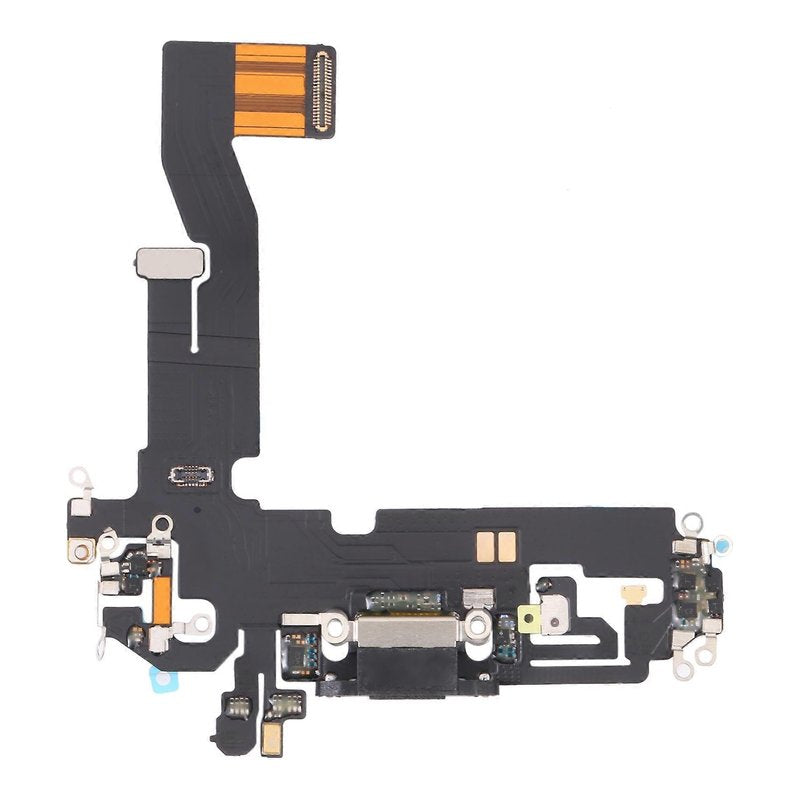 iPhone 12 / 12 Pro charging port flex cable with a black Lightning port, front view of the port, microphone and flex