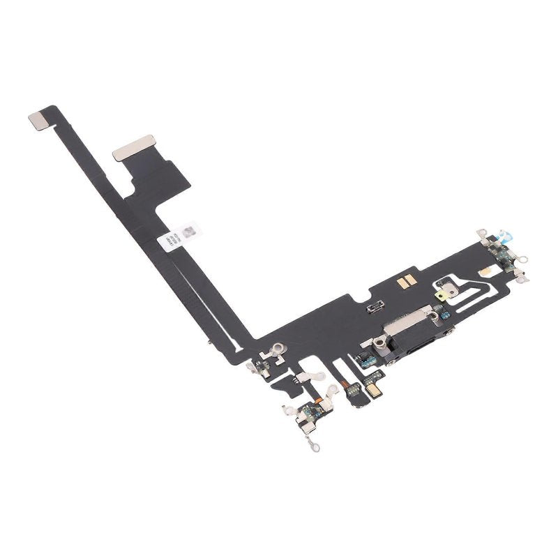 Angled view of the iPhone 12 Pro Max charging port flex cable with a black Lightning port and its connectors