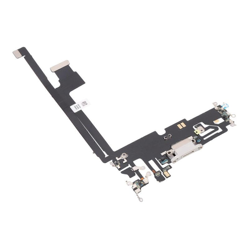 Angled view of the iPhone 12 Pro Max charging port flex cable with a white Lightning port and its connectors