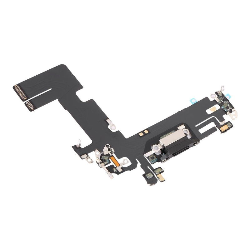 Angled view of the iPhone 13 charging port flex cable with a black Lightning port and its connectors