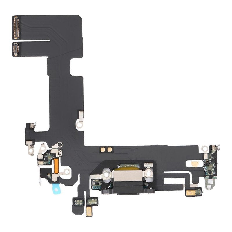 iPhone 13 charging port flex cable with a black Lightning port, front view of the port, microphone and flex