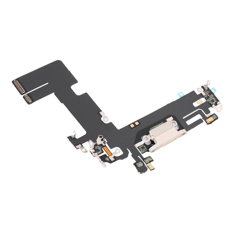 Angled view of the iPhone 13 charging port flex cable with a white Lightning port and its connectors