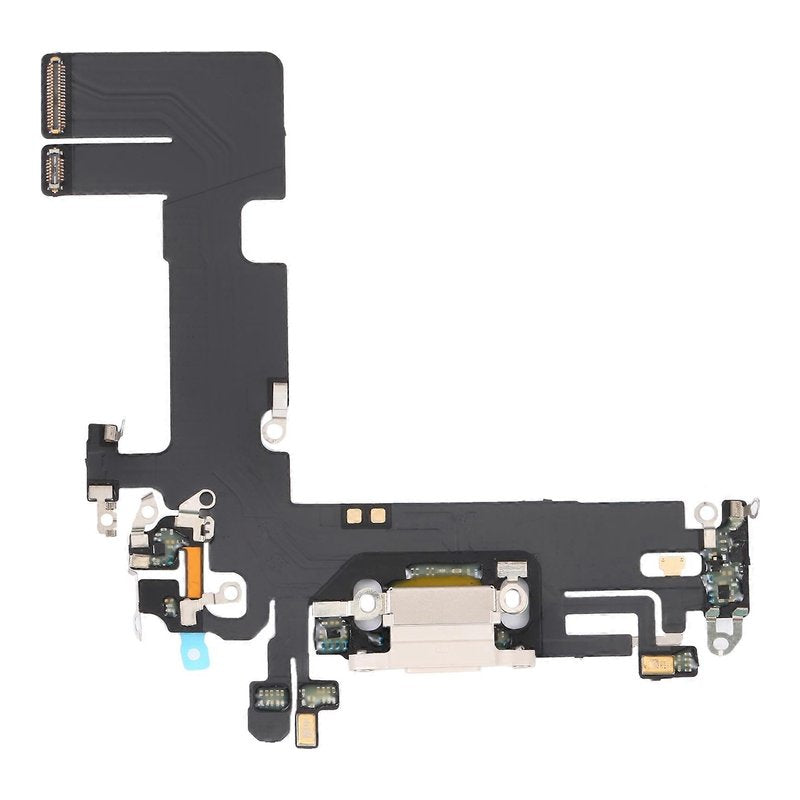 iPhone 13 charging port flex cable with a white Lightning port, front view of the port, microphone and flex