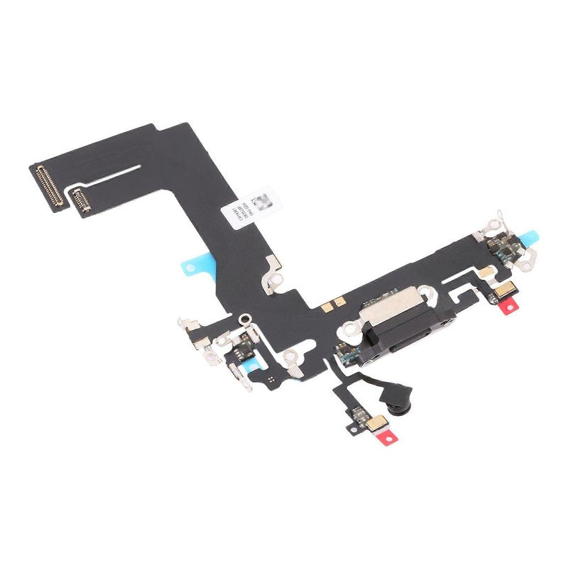 Angled view of the iPhone 13 mini charging port flex cable with a black Lightning port and its connectors