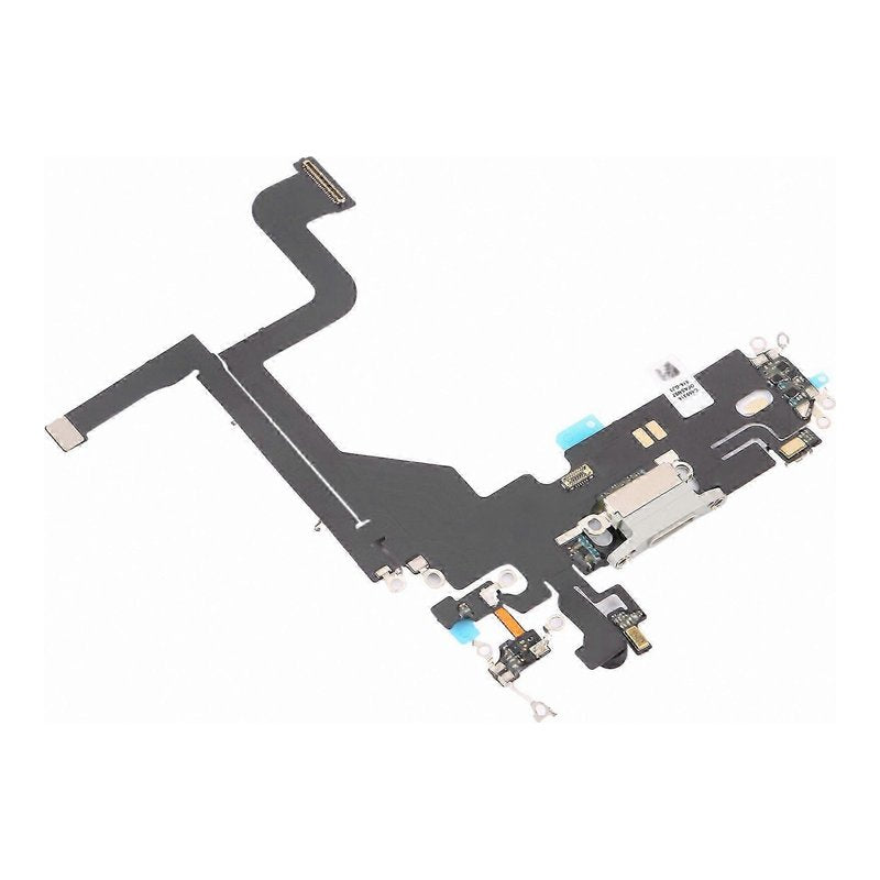 Angled view of the iPhone 13 Pro charging port flex cable with a silver Lightning port and its connectors