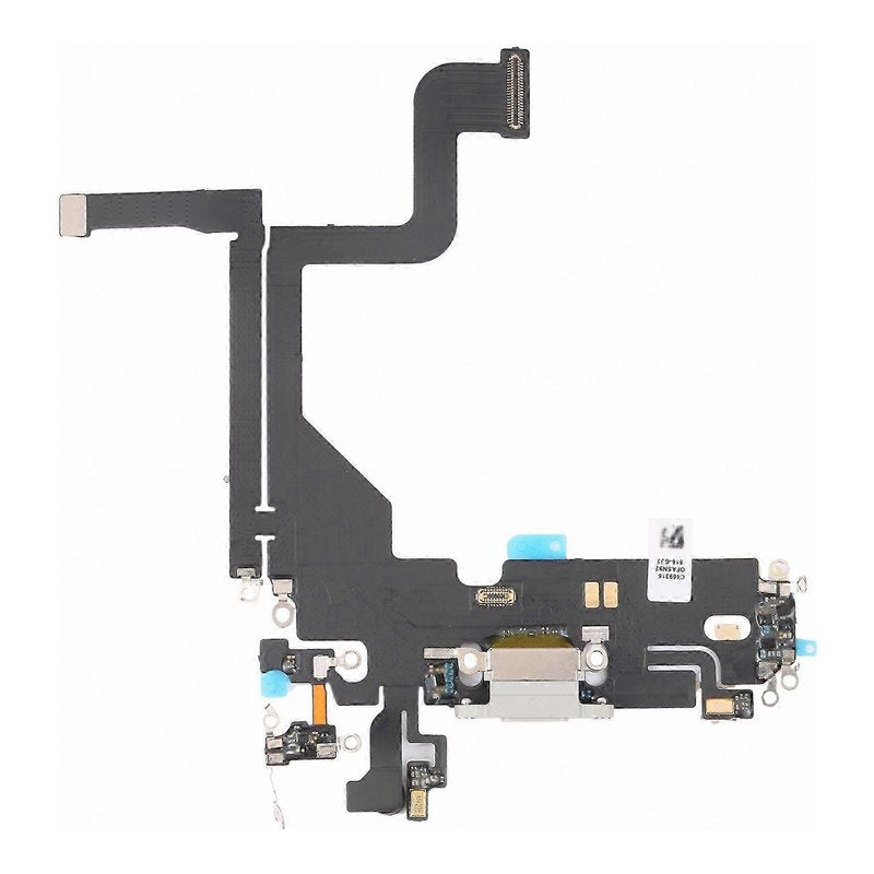 iPhone 13 Pro charging port flex cable with a silver Lightning port, front view of the port, microphone and flex