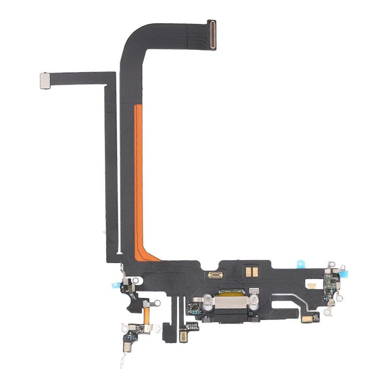 iPhone 13 Pro Max charging port flex cable with a black Lightning port, front view of the port, microphone and flex
