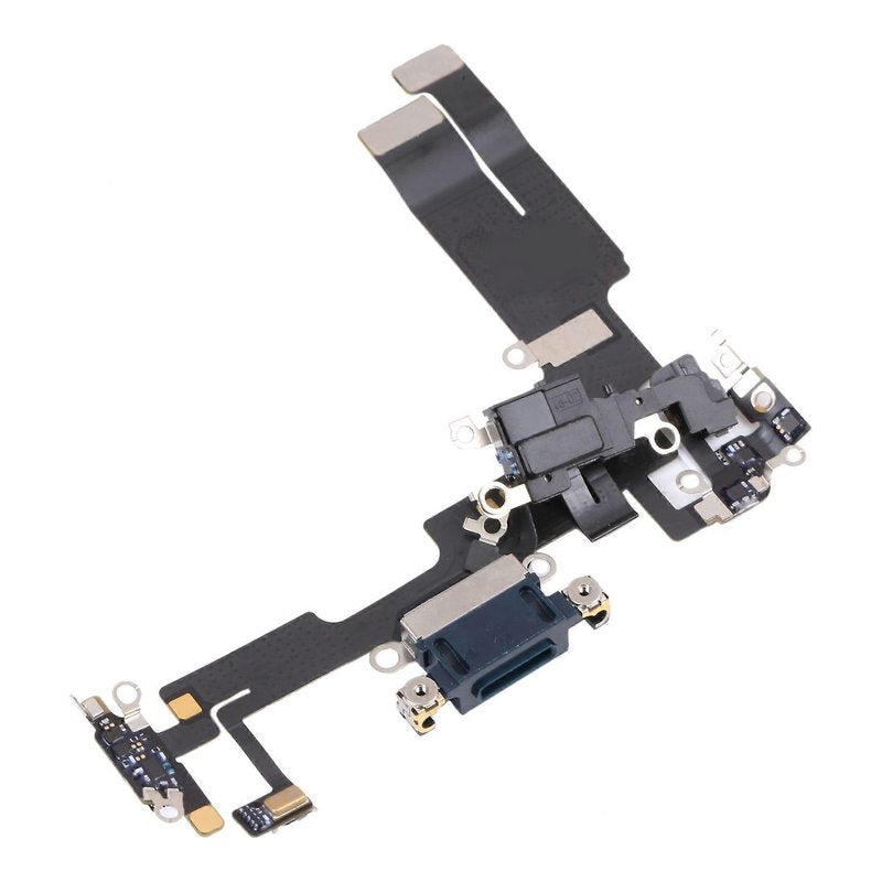 Angled view of the iPhone 14 charging port flex cable with a dark Lightning port and its connectors