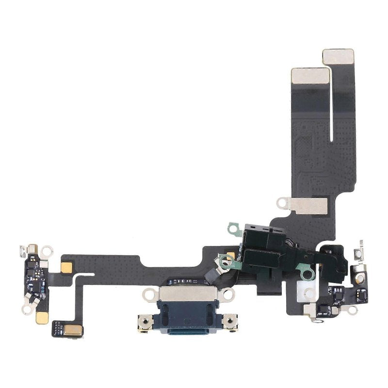 iPhone 14 charging port flex cable with a dark Lightning port, front view of the port, microphone and flex