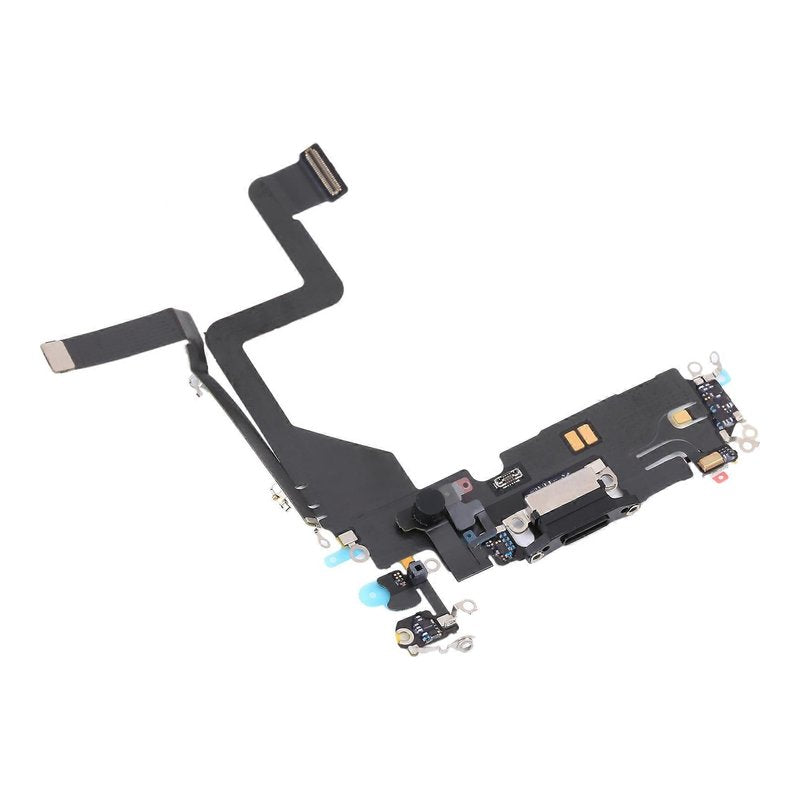 Angled view of the iPhone 14 Pro charging port flex cable with a black Lightning port and its connectors