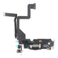 iPhone 14 Pro charging port flex cable with a black Lightning port, front view of the port, microphone and flex
