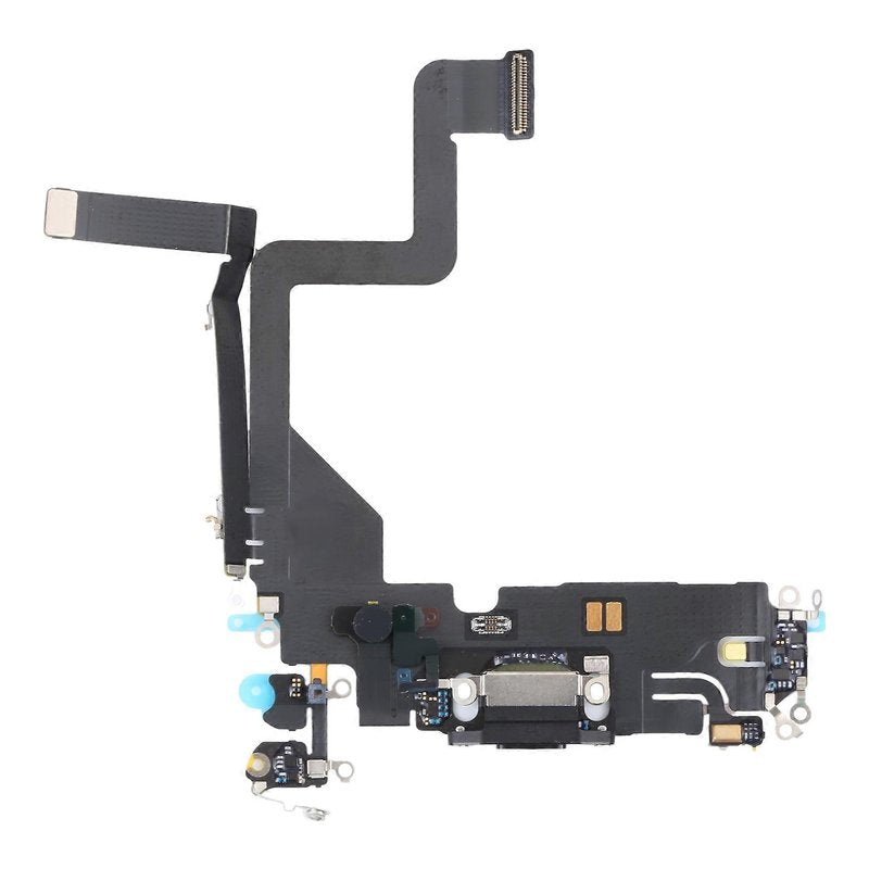 iPhone 14 Pro charging port flex cable with a black Lightning port, front view of the port, microphone and flex