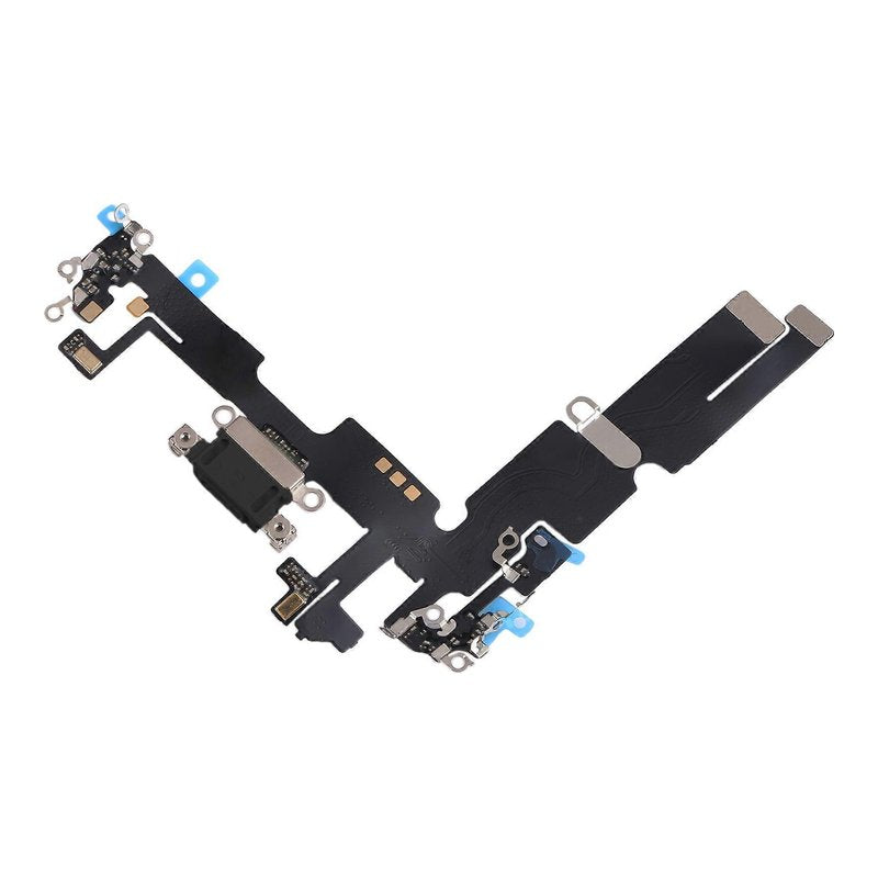 Angled view of the iPhone 14 Plus charging port flex cable with a black Lightning port and its connectors