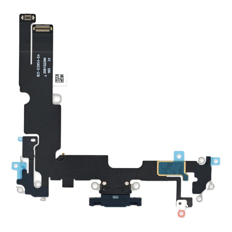 Back of the iPhone 14 Plus charging port flex cable laid flat, showing the Lightning port from behind, the printed part number and the board connectors
