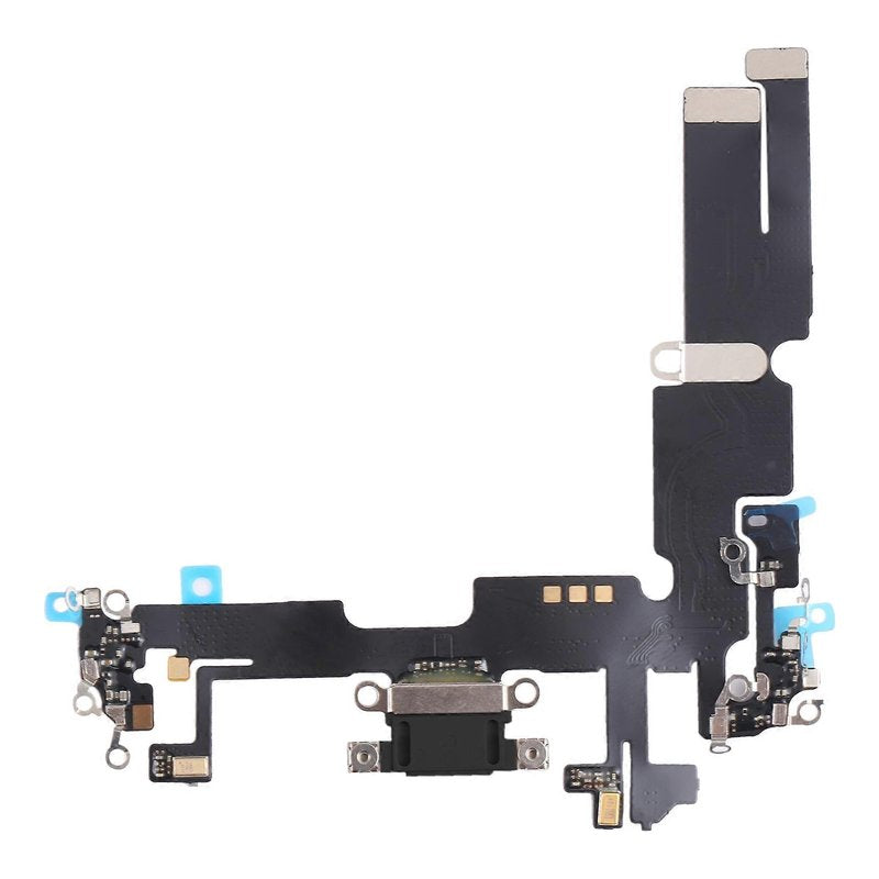 iPhone 14 Plus charging port flex cable with a black Lightning port, front view of the port, microphone and flex