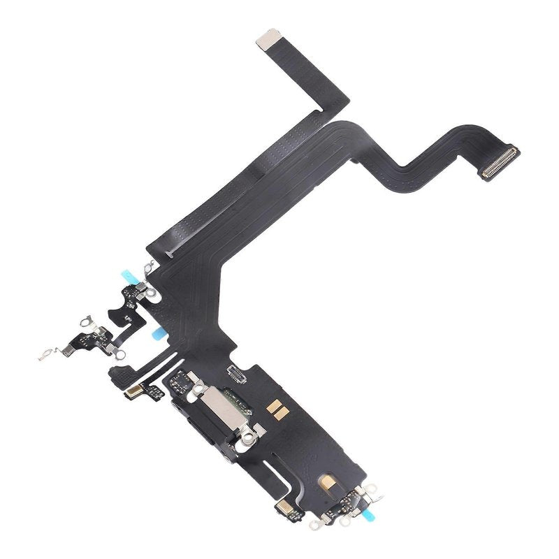 Angled view of the iPhone 14 Pro Max charging port flex cable with a black Lightning port and its connectors