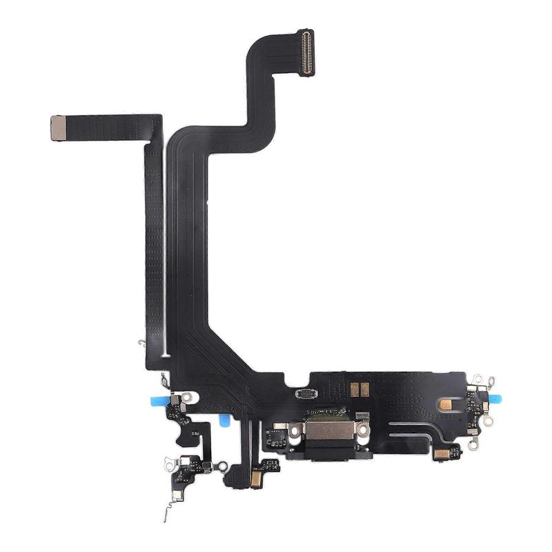 iPhone 14 Pro Max charging port flex cable with a black Lightning port, front view of the port, microphone and flex