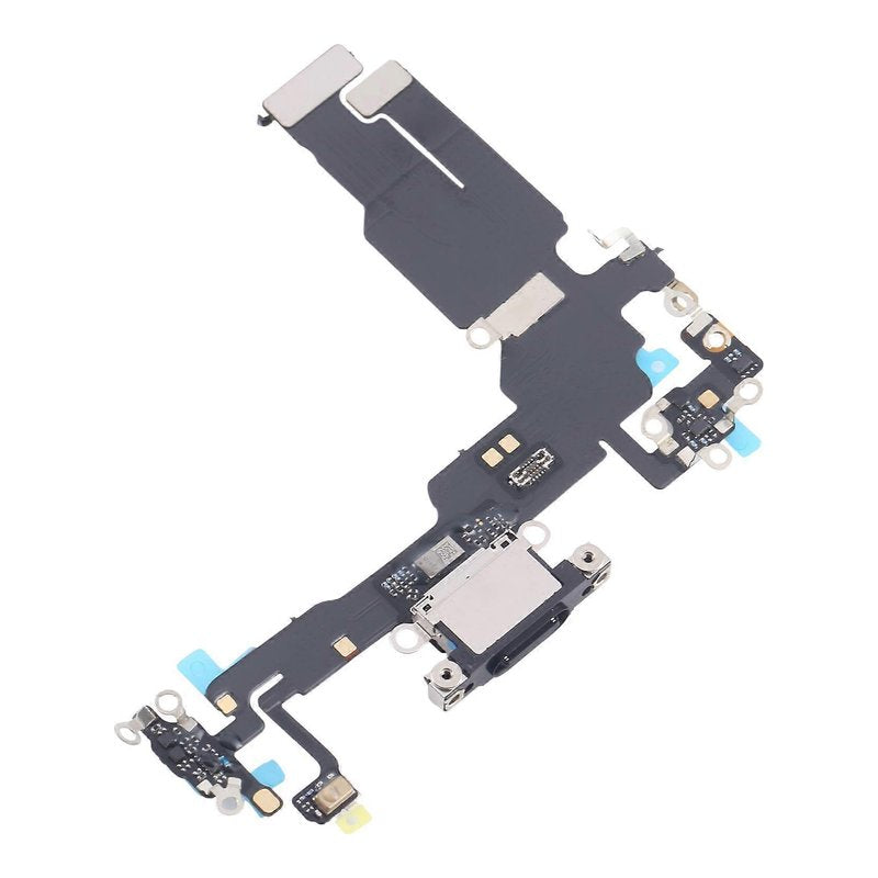 Angled view of the iPhone 15 charging port flex cable with a black USB-C port and its connectors