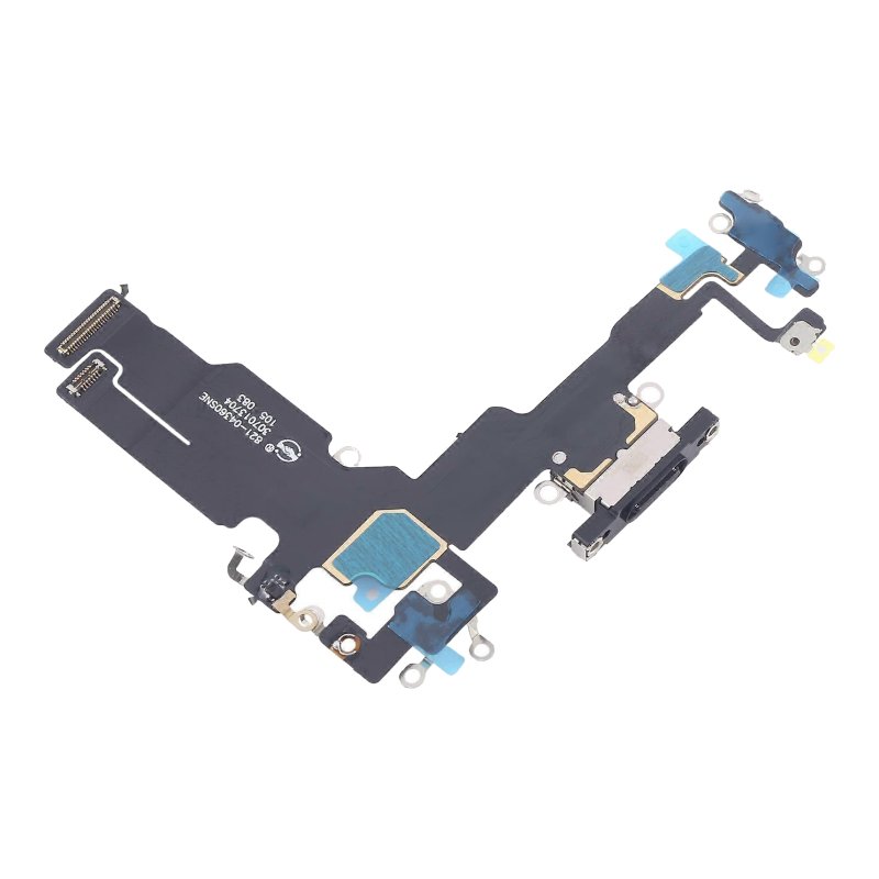 Angled view of the back of the iPhone 15 charging port flex cable, showing the USB-C port, the printed part number and the board connectors