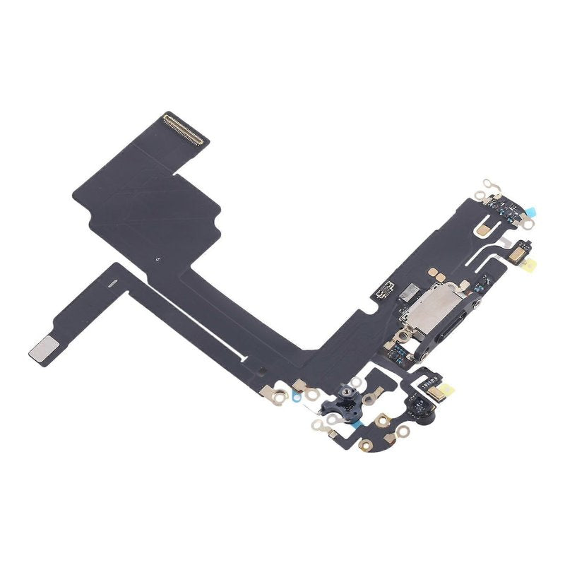 Angled view of the iPhone 15 Pro charging port flex cable with a black USB-C port and its connectors