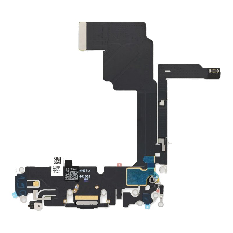 Back of the iPhone 15 Pro charging port flex cable laid flat, showing the USB-C port from behind, the printed part number and the board connectors