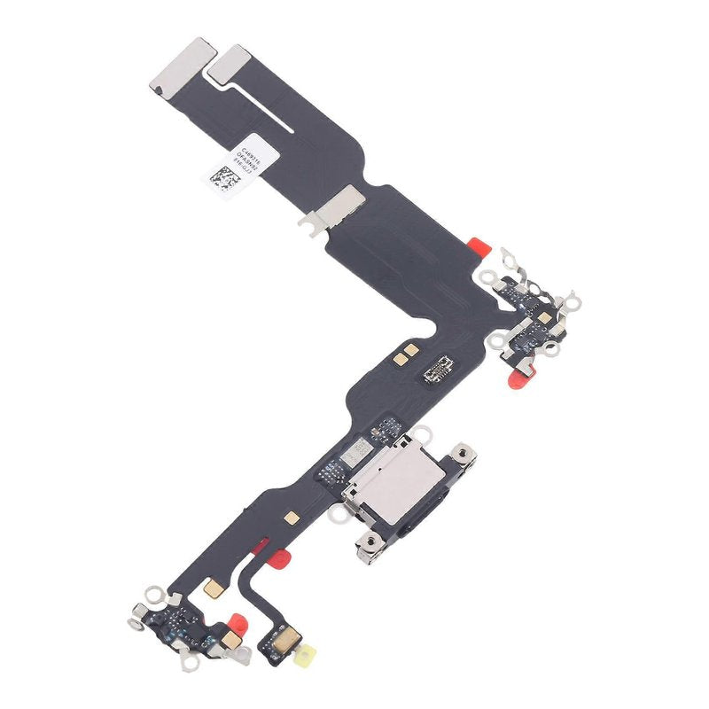 Angled view of the iPhone 15 Plus charging port flex cable with a black USB-C port and its connectors