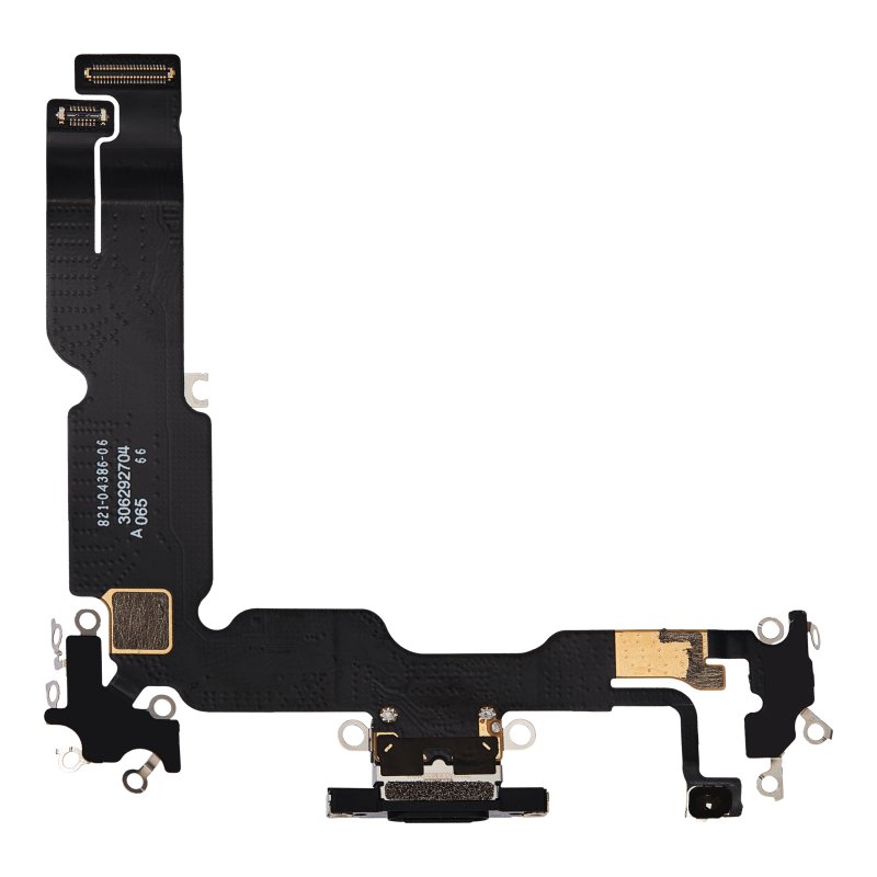 Back of the iPhone 15 Plus charging port flex cable laid flat, showing the USB-C port from behind, the printed part number and the board connectors