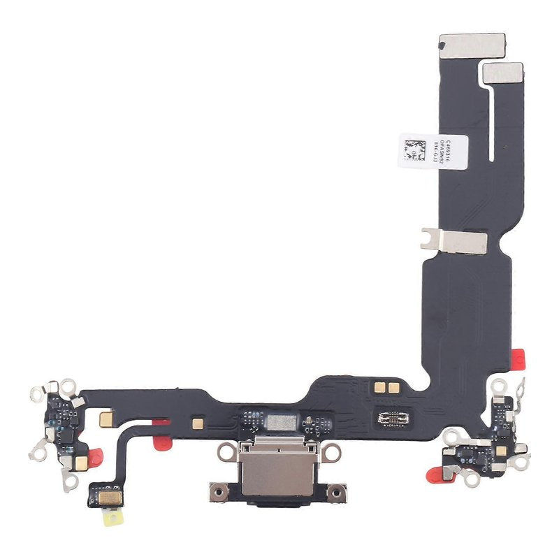 iPhone 15 Plus charging port flex cable with a black USB-C port, front view of the port, microphone and flex