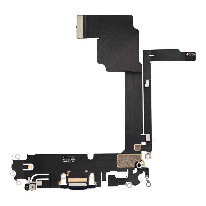 Back of the iPhone 15 Pro Max charging port flex cable laid flat, showing the USB-C port from behind, the printed part number and the board connectors