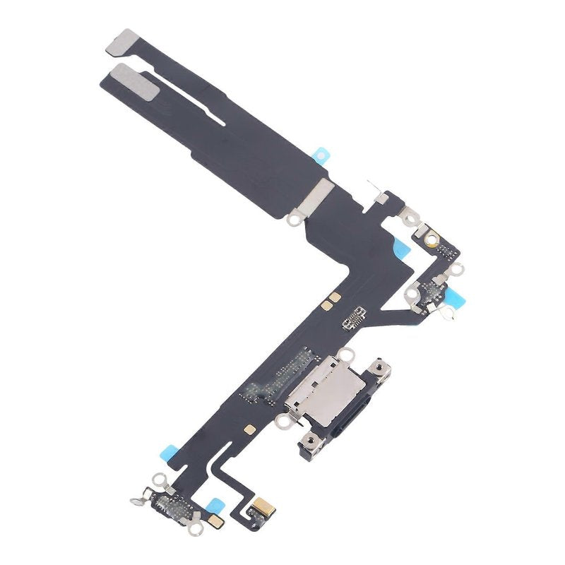 Angled view of the iPhone 16 charging port flex cable with a black USB-C port and its connectors