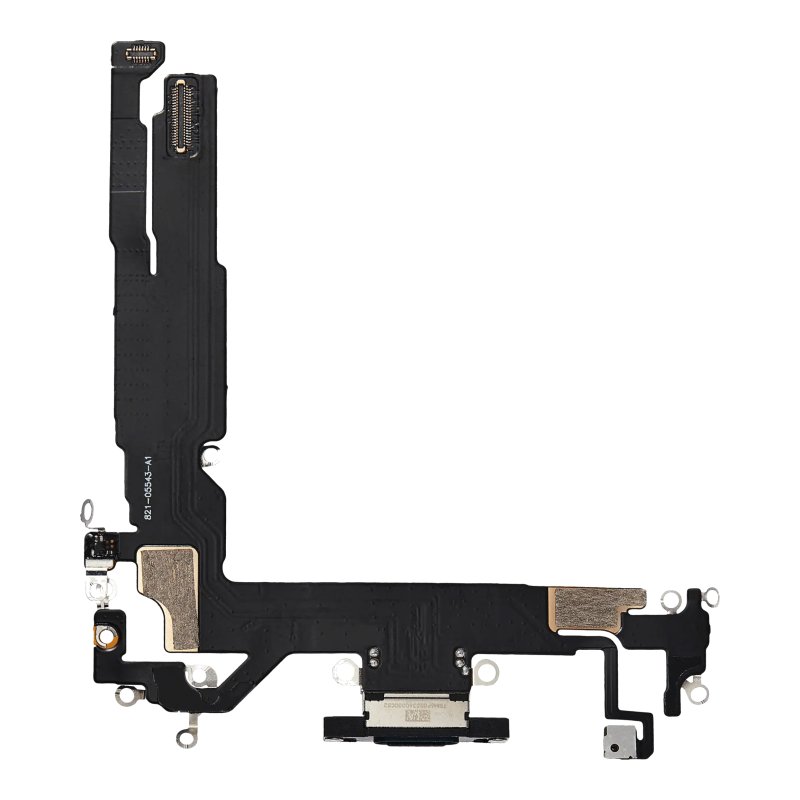 Back of the iPhone 16 charging port flex cable laid flat, showing the USB-C port from behind, the printed part number and the board connectors