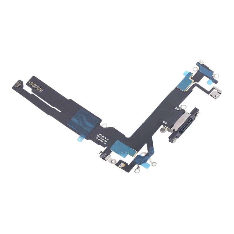 Angled view of the back of the iPhone 16 charging port flex cable, showing the USB-C port, the printed part number and the board connectors