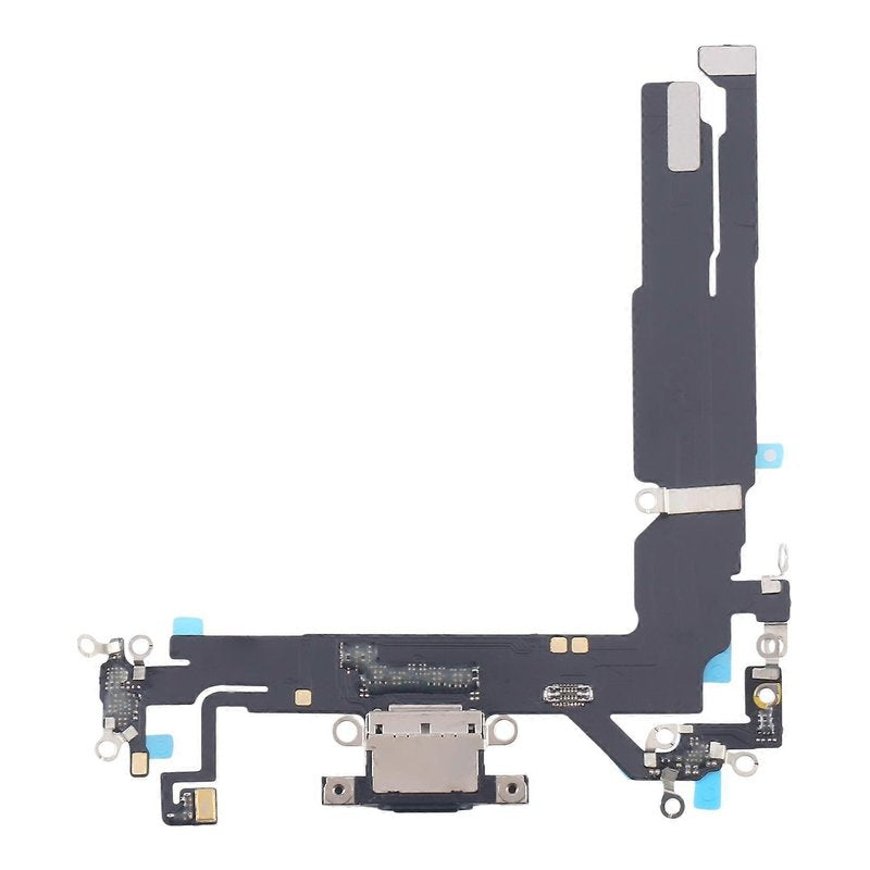 iPhone 16 charging port flex cable with a black USB-C port, front view of the port, microphone and flex