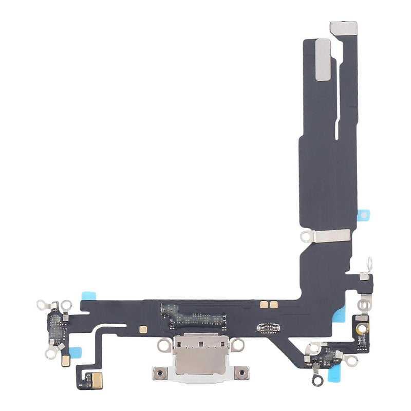 iPhone 16 charging port flex cable with a white USB-C port, front view of the port, microphone and flex