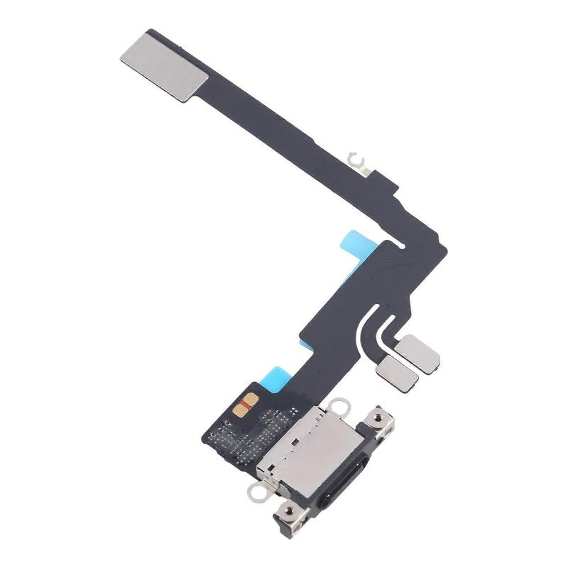 Angled view of the iPhone 16 Pro charging port flex cable with a black USB-C port and its connectors