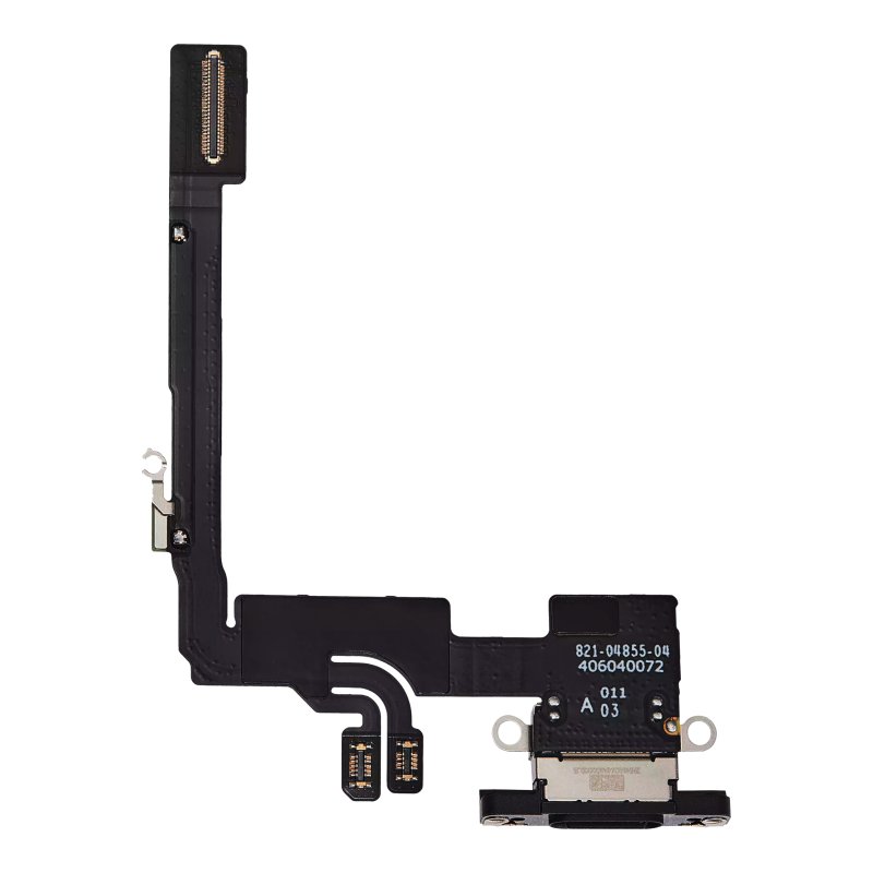 Back of the iPhone 16 Pro charging port flex cable laid flat, showing the USB-C port from behind, the printed part number and the board connectors