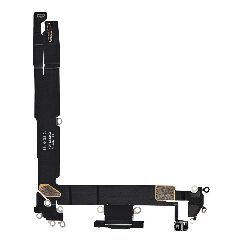 Back of the iPhone 16 Plus charging port flex cable laid flat, showing the USB-C port from behind, the printed part number and the board connectors