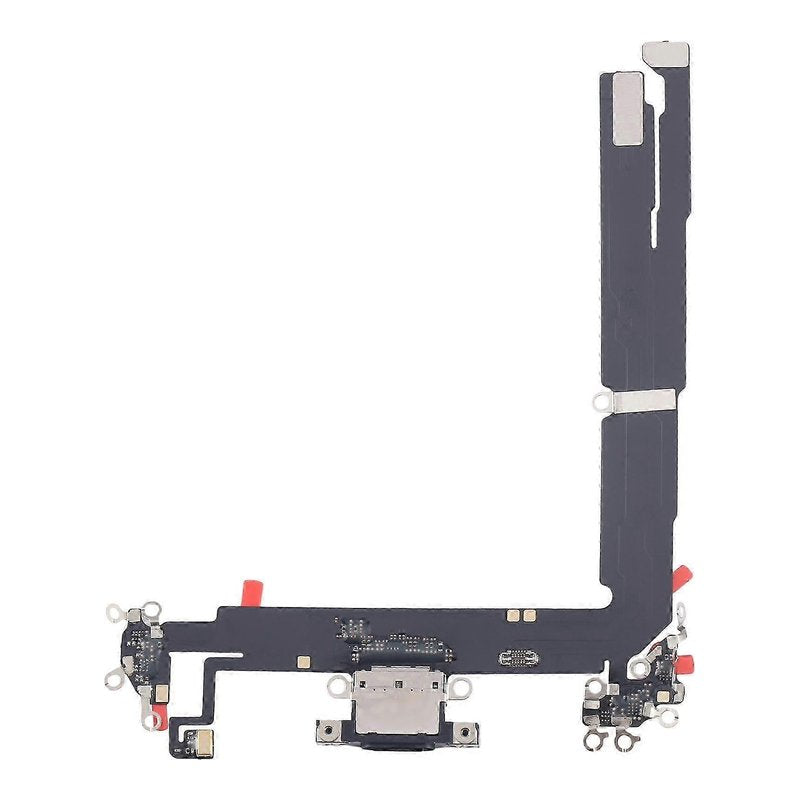iPhone 16 Plus charging port flex cable with a black USB-C port, front view of the port, microphone and flex